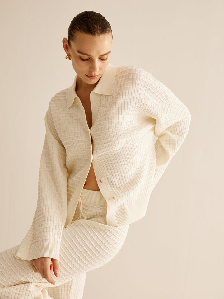 Cardigan Manches Longues Boutonné à Revers Plaid
