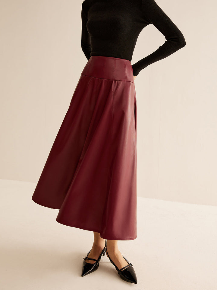 Jupe Patineuse Ceinturée En Cuir Faux