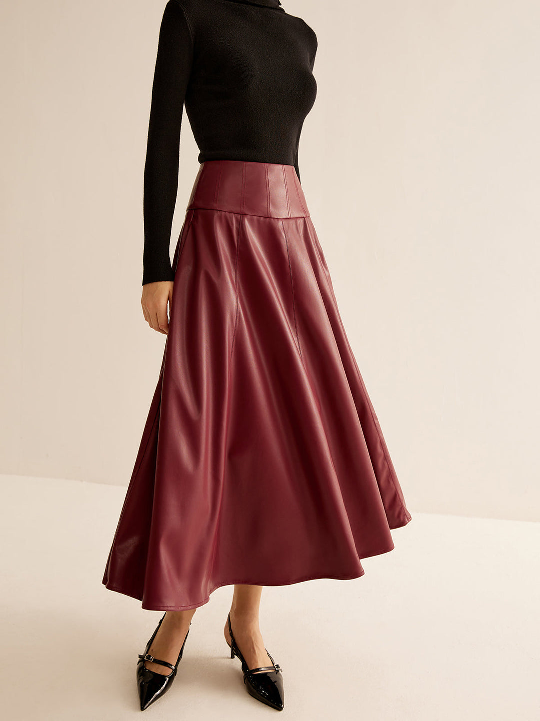 Jupe Patineuse Ceinturée En Cuir Faux