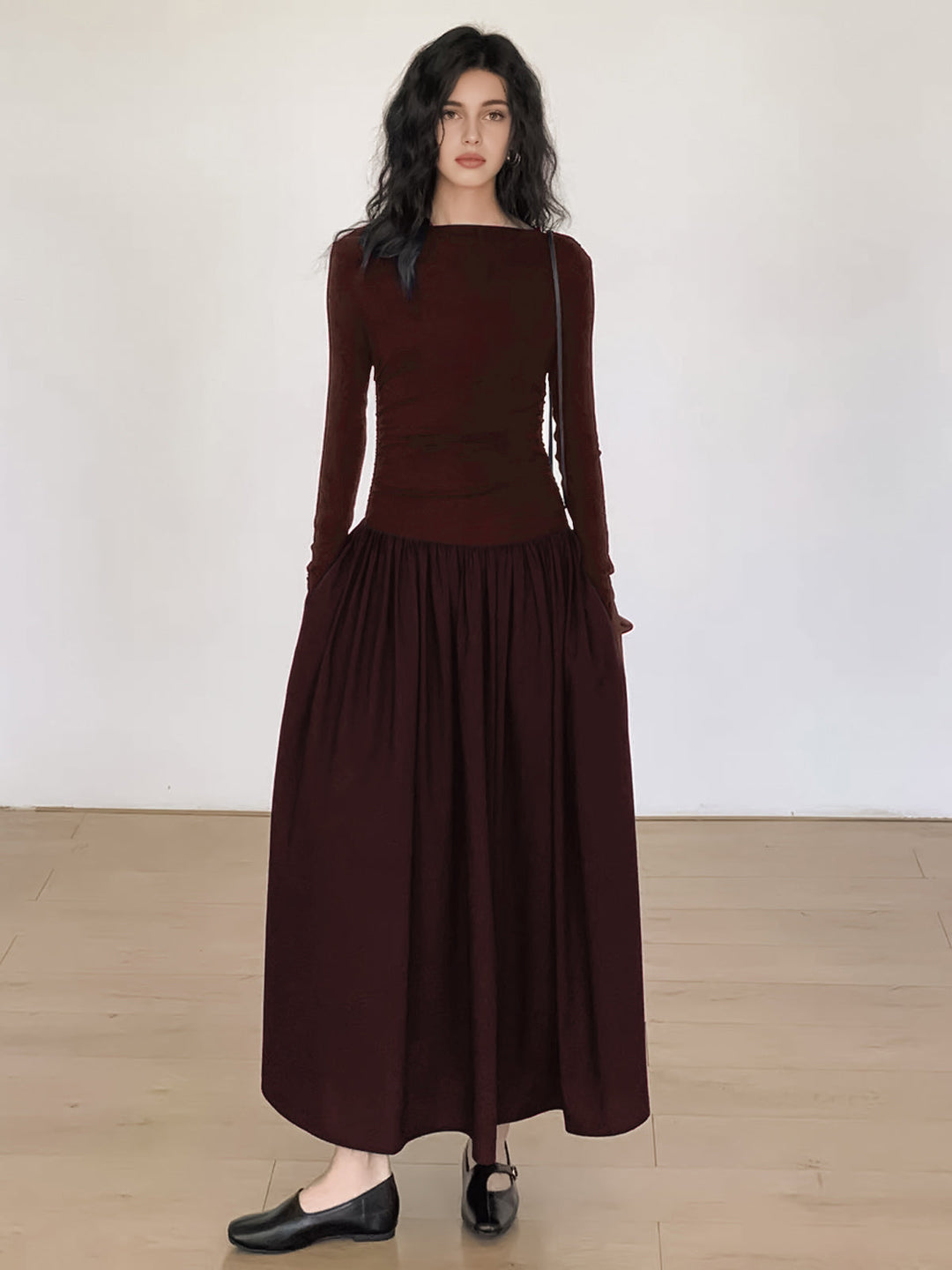 Robe Mi-longue en Tricot Patchwork Plissé à Manches Longues