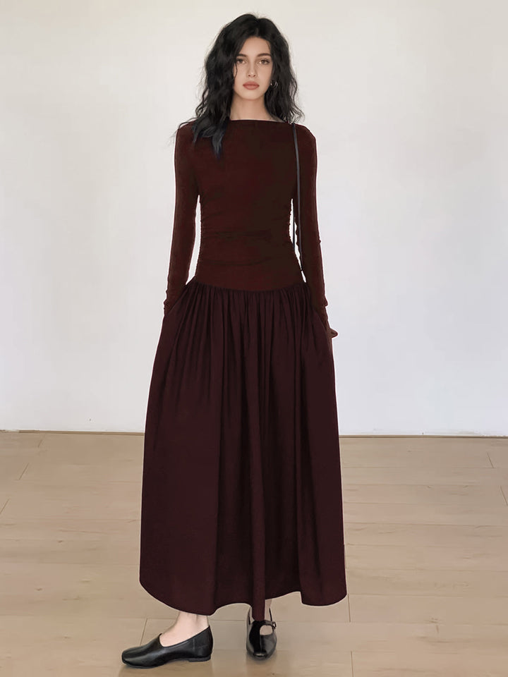 Robe Mi-longue en Tricot Patchwork Plissé à Manches Longues