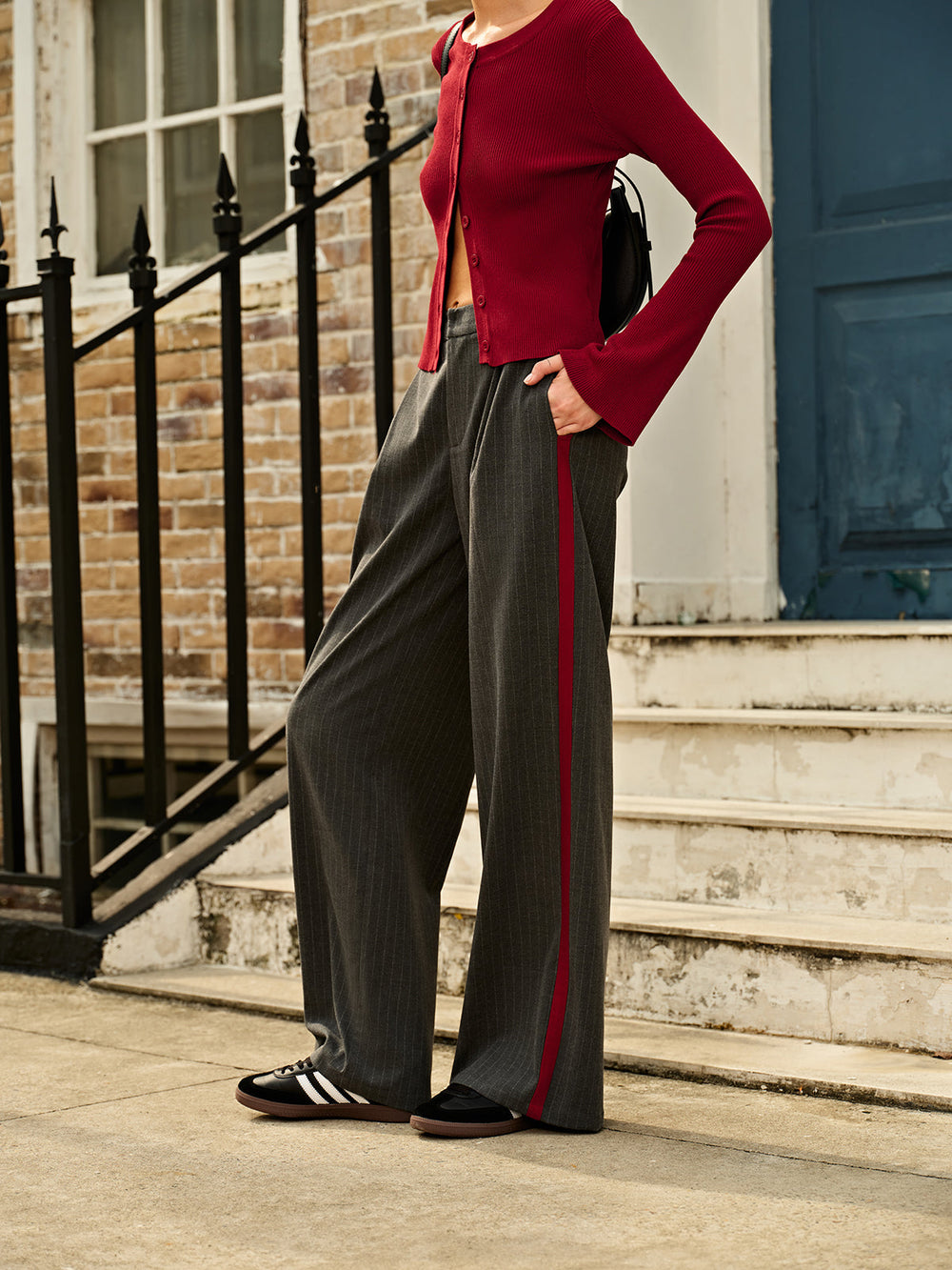 Pantalons Pinstripe à Passepoil Contrastant