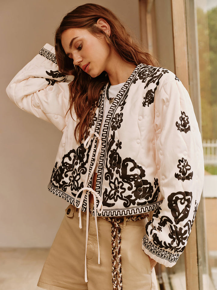 Veste Courte Bohème Imprimée à Lacets
