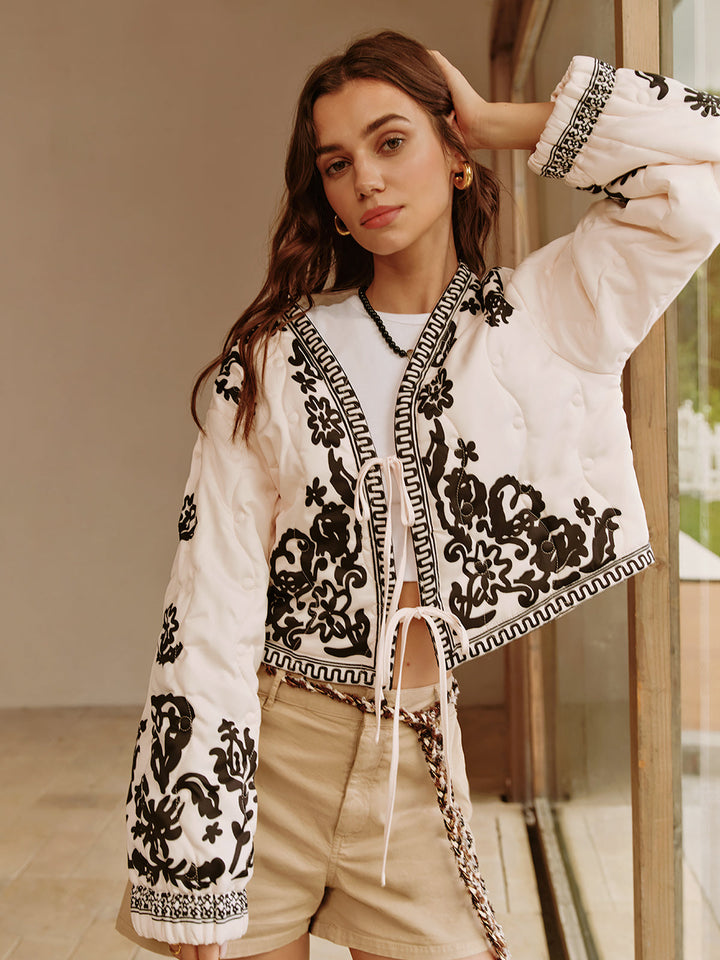 Veste Courte Bohème Imprimée à Lacets