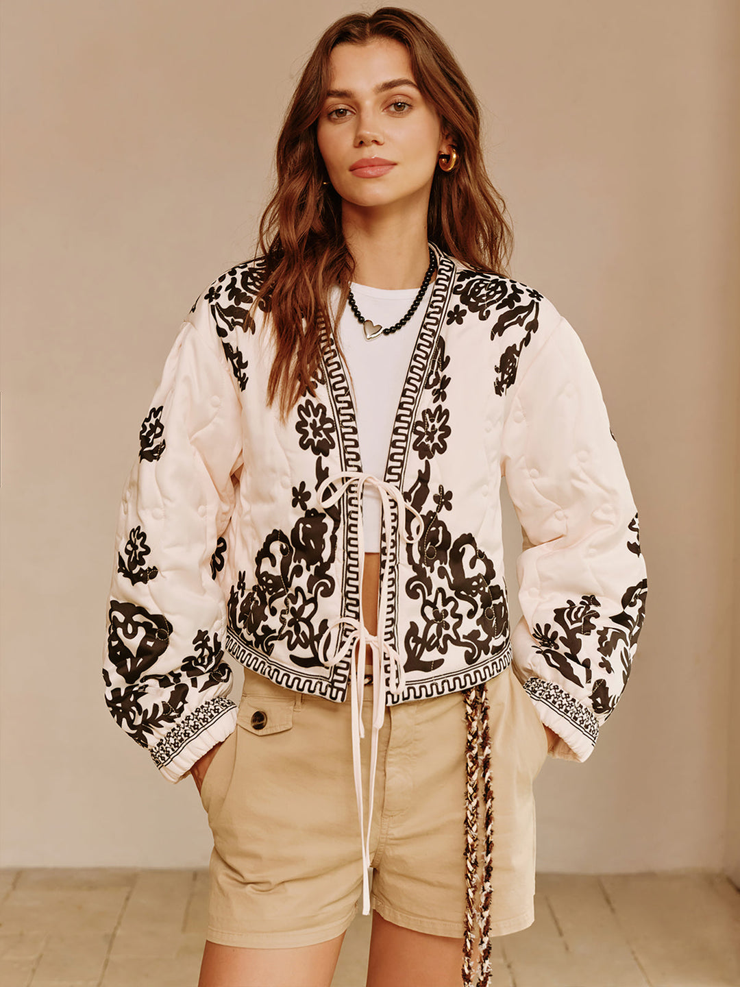 Veste Courte Bohème Imprimée à Lacets