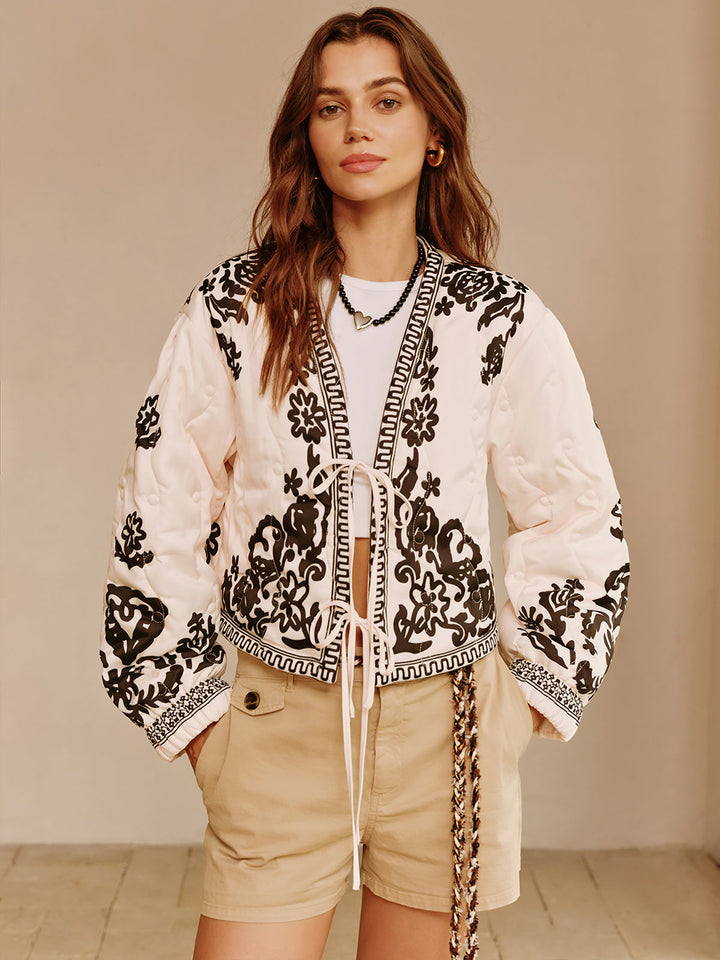 Veste Courte Bohème Imprimée à Lacets