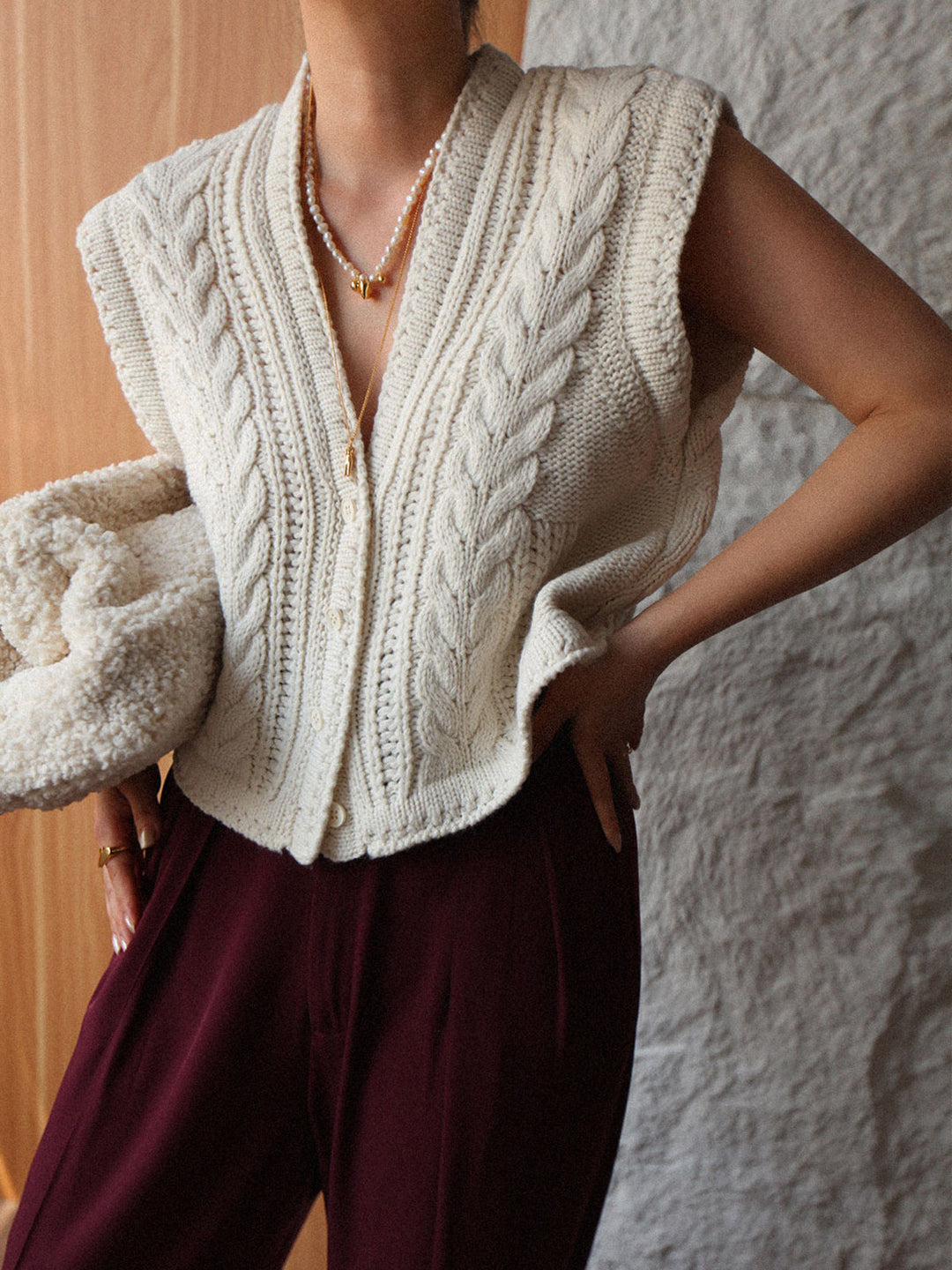 Cardigan Bouton Col en V Tricot Épais