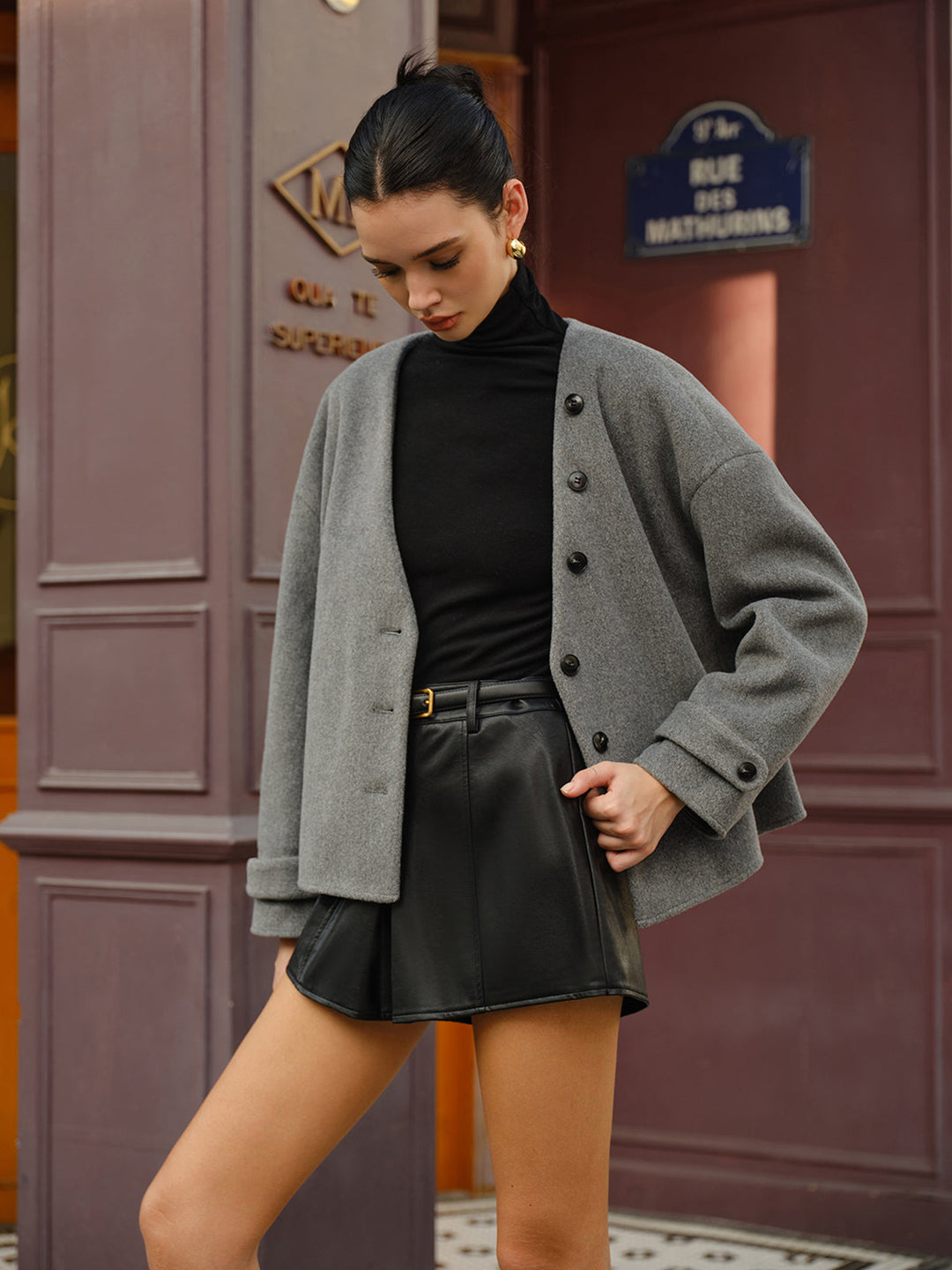 Manteau en Laine à Boutonnage avec Écharpe à Pompon assortie