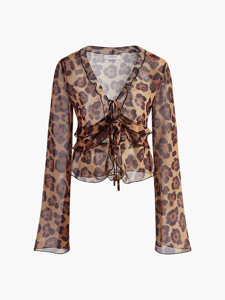 Chemise à col en V à volants semi-transparente imprimé léopard