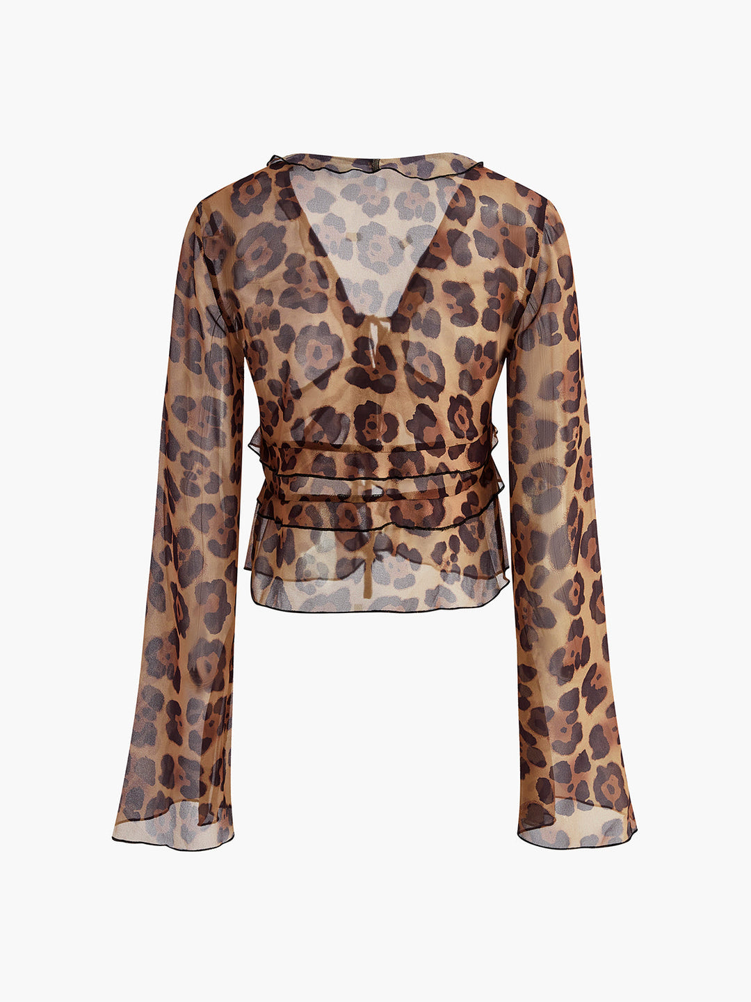 Chemise à col en V à volants semi-transparente imprimé léopard