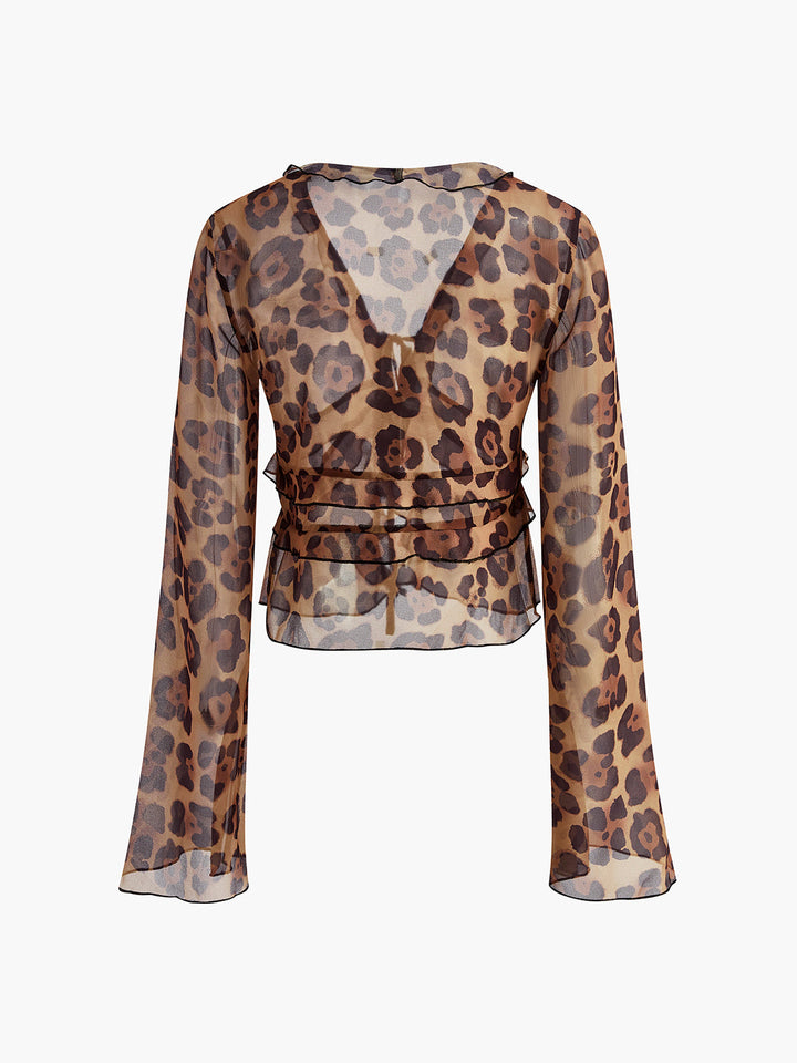 Chemise à col en V à volants semi-transparente imprimé léopard