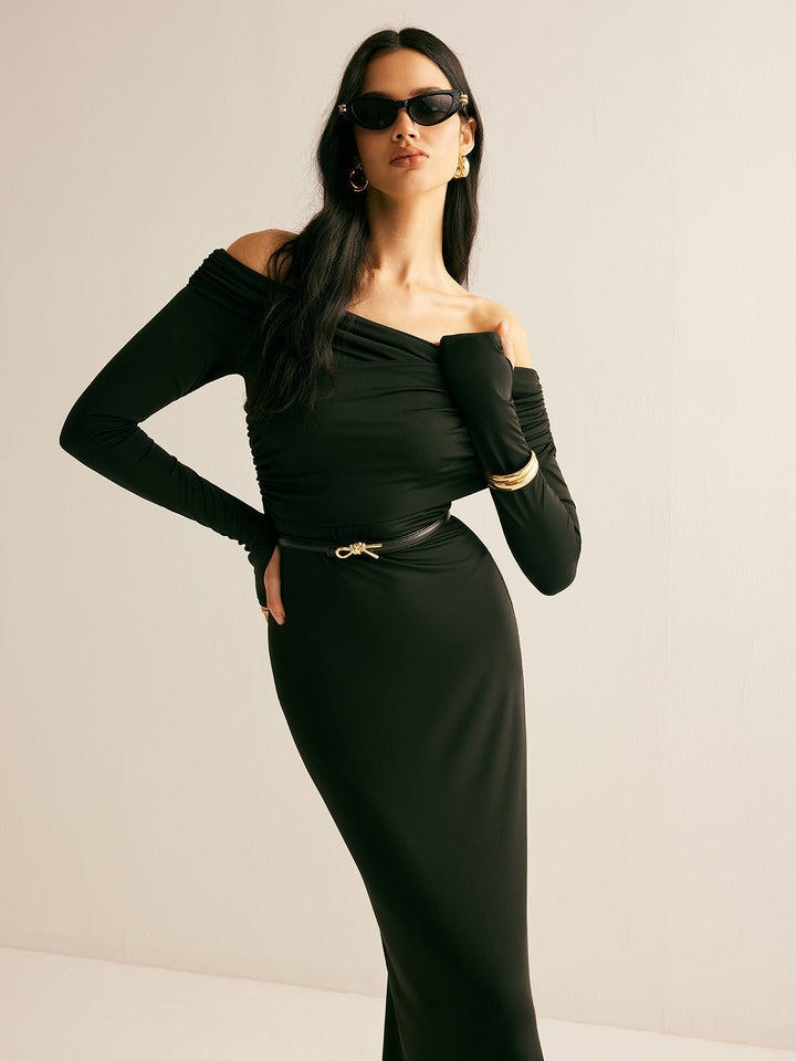 Robe Modal Épaule Dégagée Ruchée Sans Ceinture