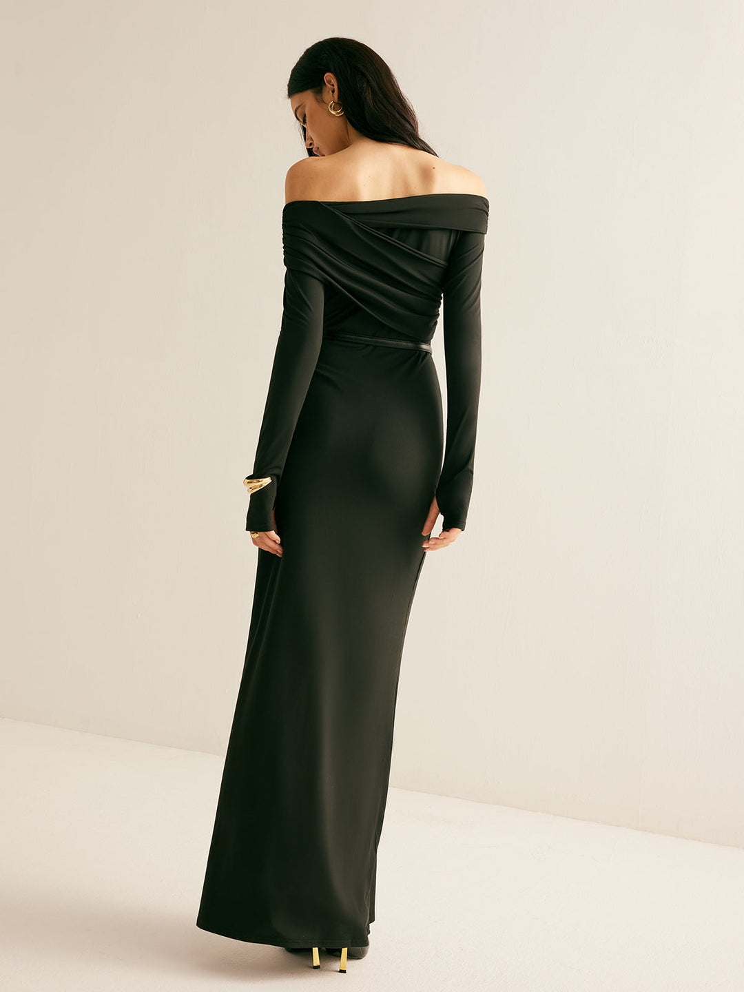 Robe Modal Épaule Dégagée Ruchée Sans Ceinture