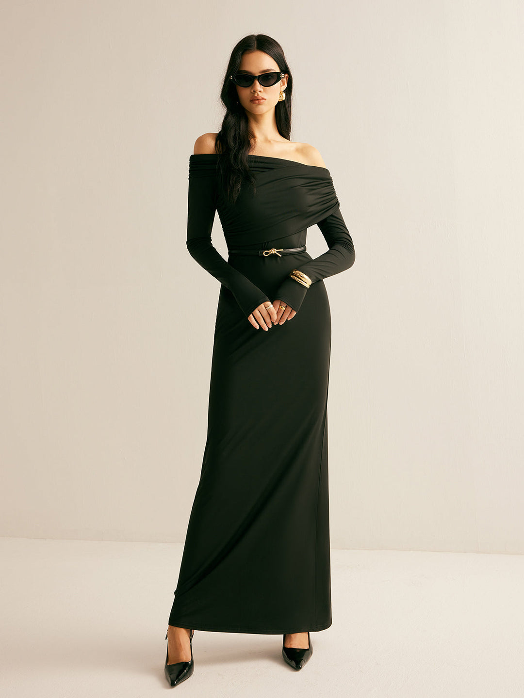 Robe Modal Épaule Dégagée Ruchée Sans Ceinture