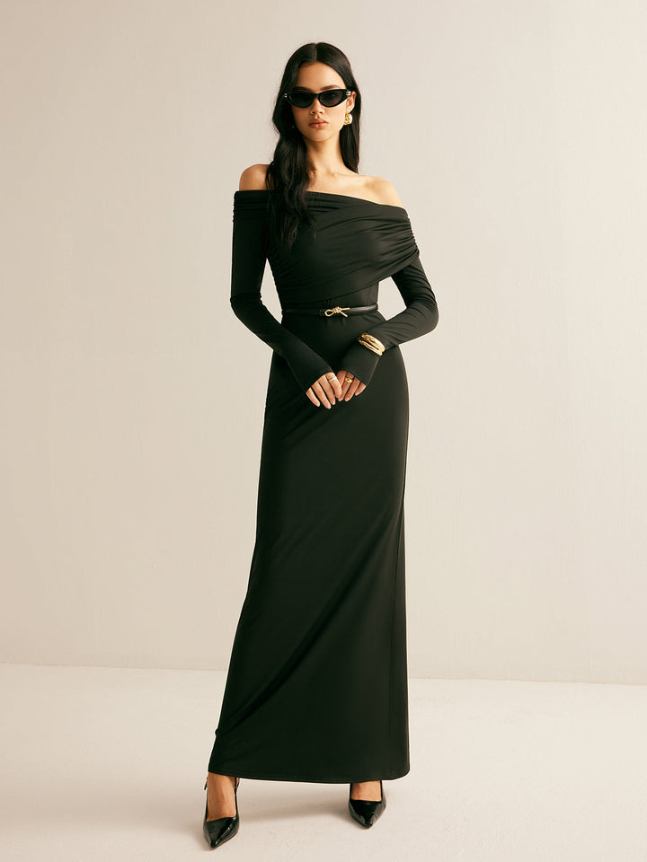 Robe Modal Épaule Dégagée Ruchée Sans Ceinture