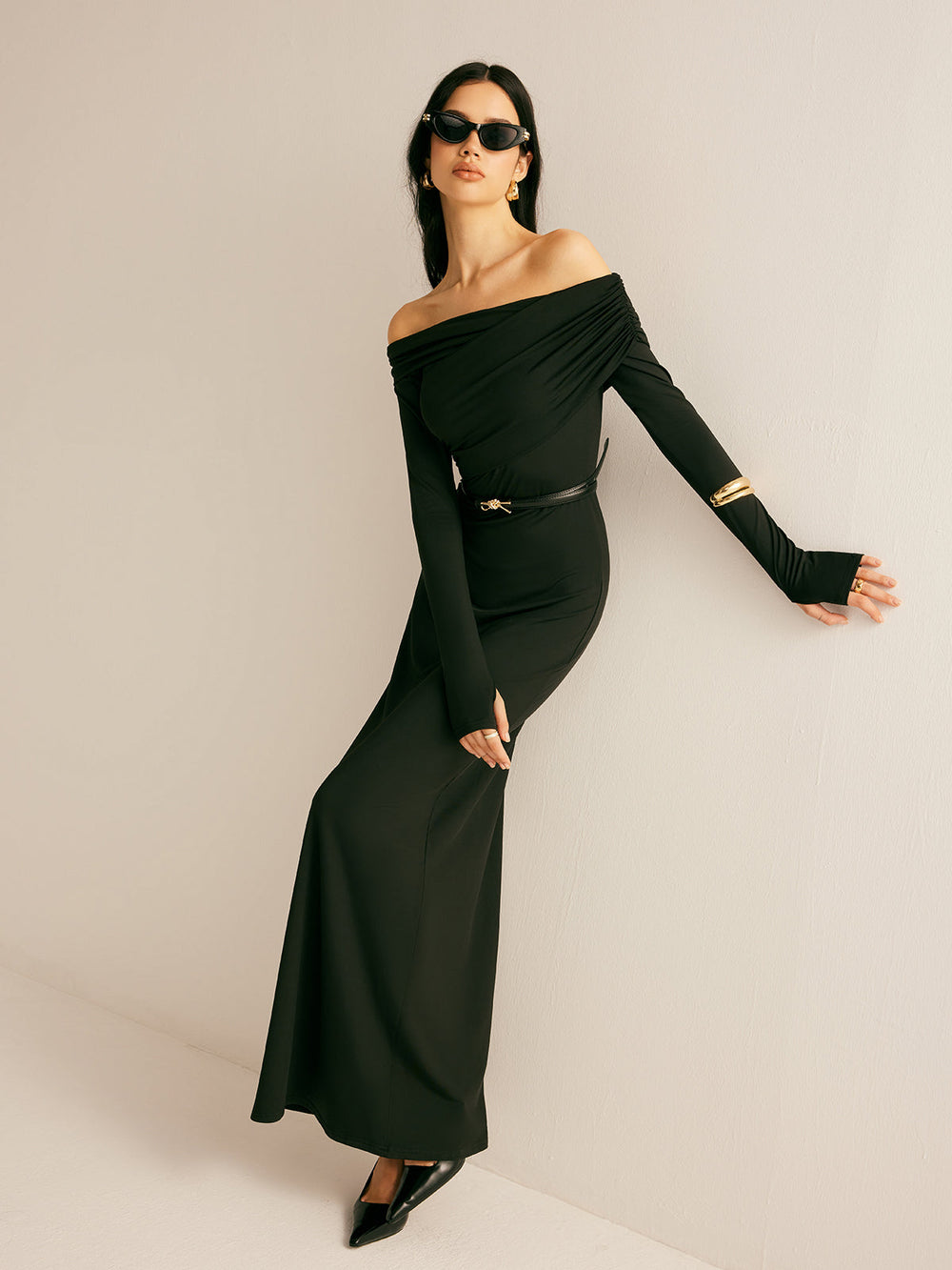 Robe Modal Épaule Dégagée Ruchée Sans Ceinture