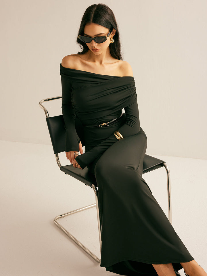 Robe Modal Épaule Dégagée Ruchée Sans Ceinture