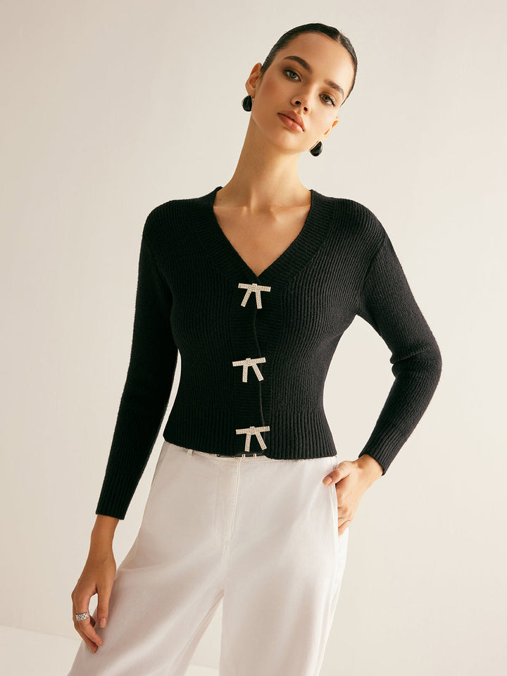 Cardigan Ajusté Côtelé avec Noeud en Strass