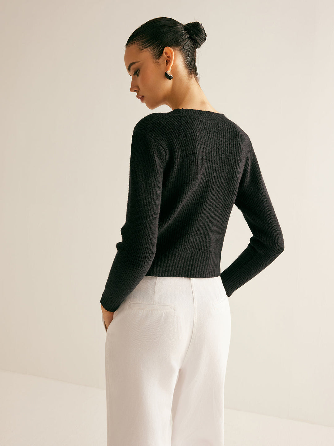 Cardigan Ajusté Côtelé avec Noeud en Strass