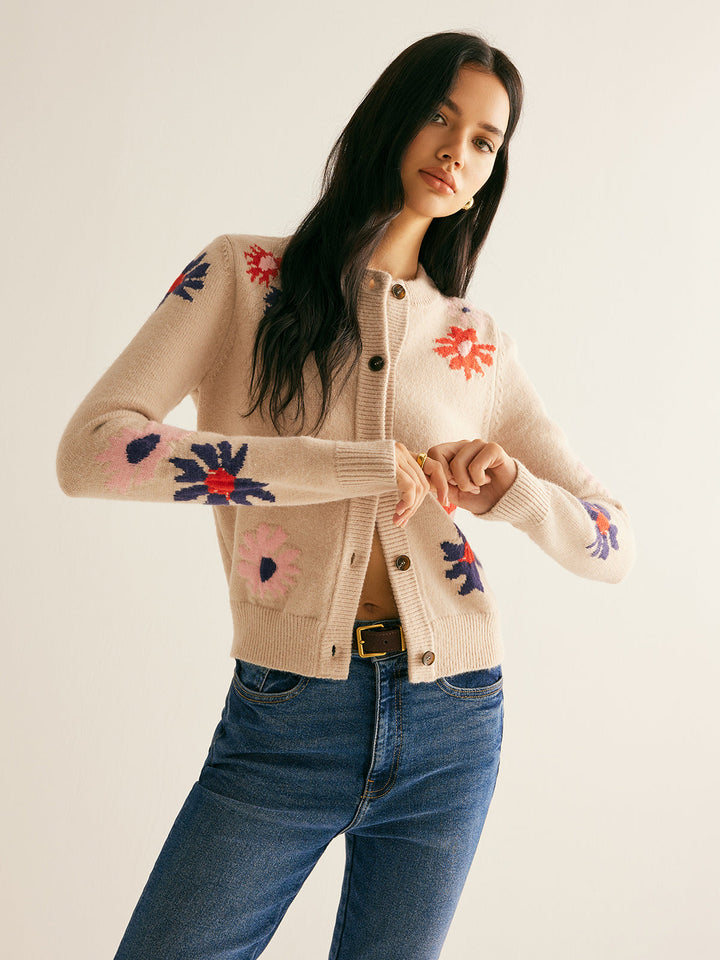 Cardigan Doux à Poitrine Boutonnée à Motif Floral