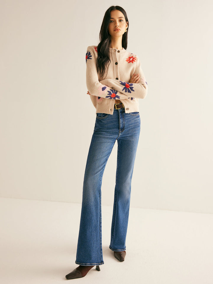 Cardigan Doux à Poitrine Boutonnée à Motif Floral