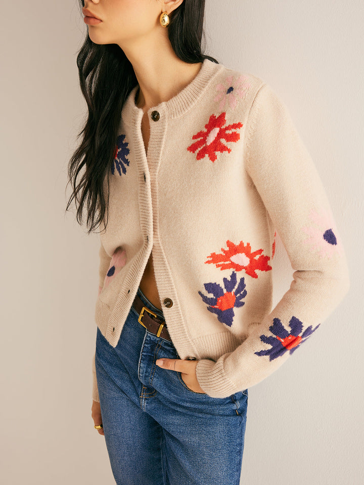 Cardigan Doux à Poitrine Boutonnée à Motif Floral