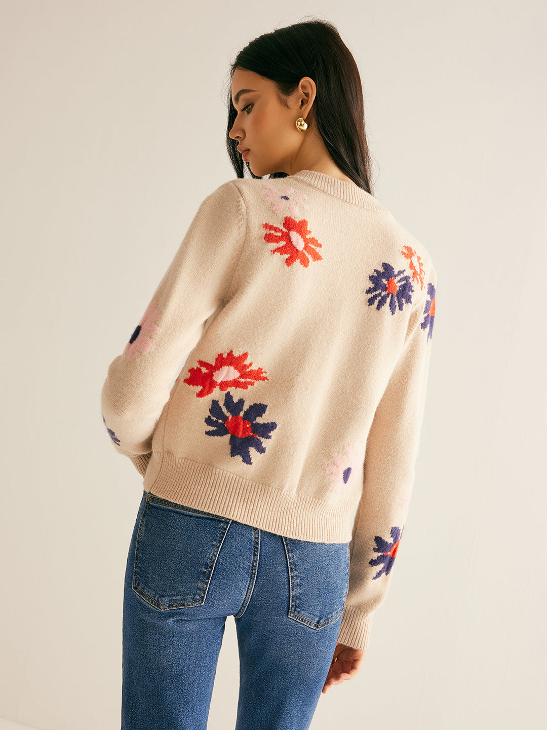 Cardigan Doux à Poitrine Boutonnée à Motif Floral
