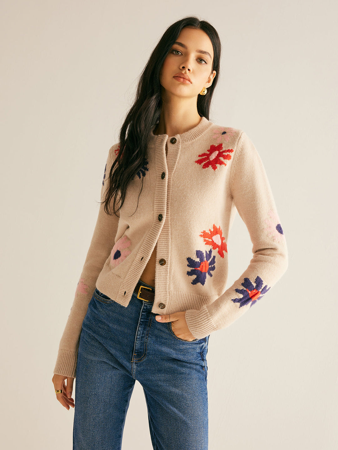 Cardigan Doux à Poitrine Boutonnée à Motif Floral