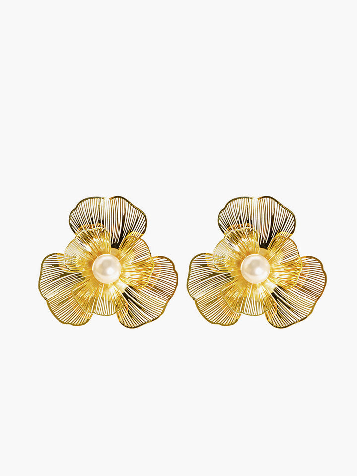 Boucles d'oreilles Fleur en Métal 3D avec Perle