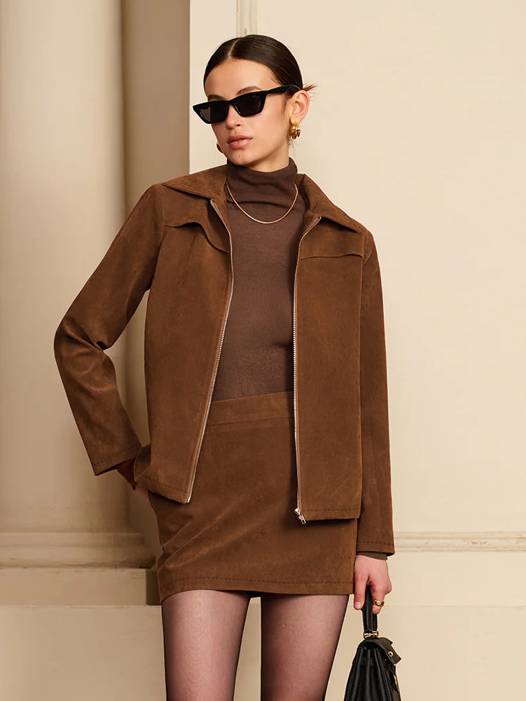 Veste Zippée en Daim avec Épaulettes