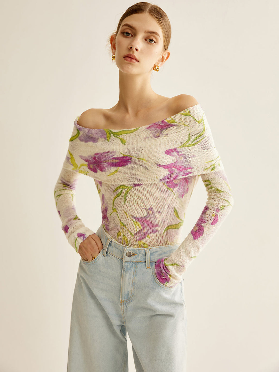 Haut en tricot à épaules dénudées Romance Imprimé