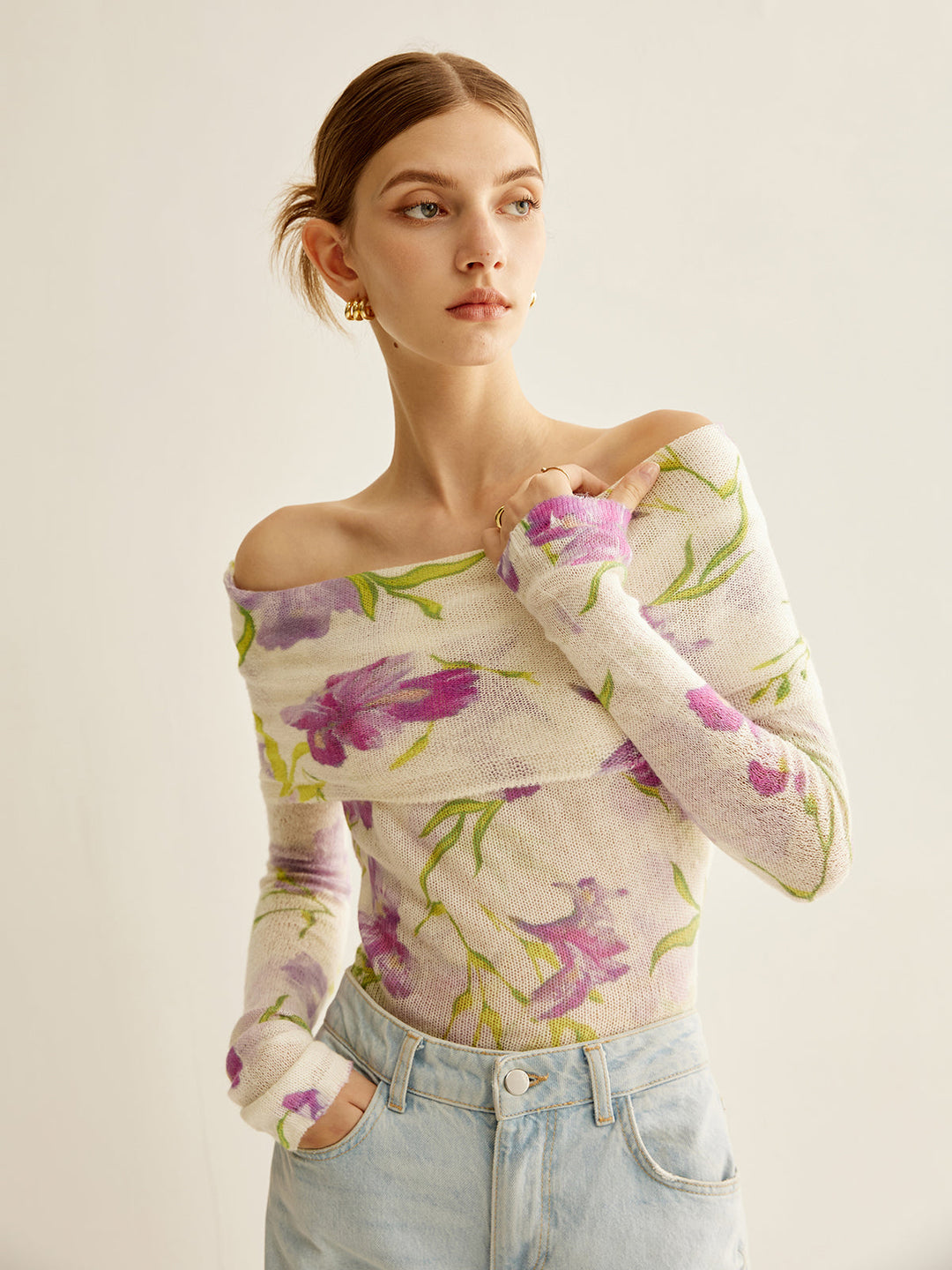 Haut en tricot à épaules dénudées Romance Imprimé