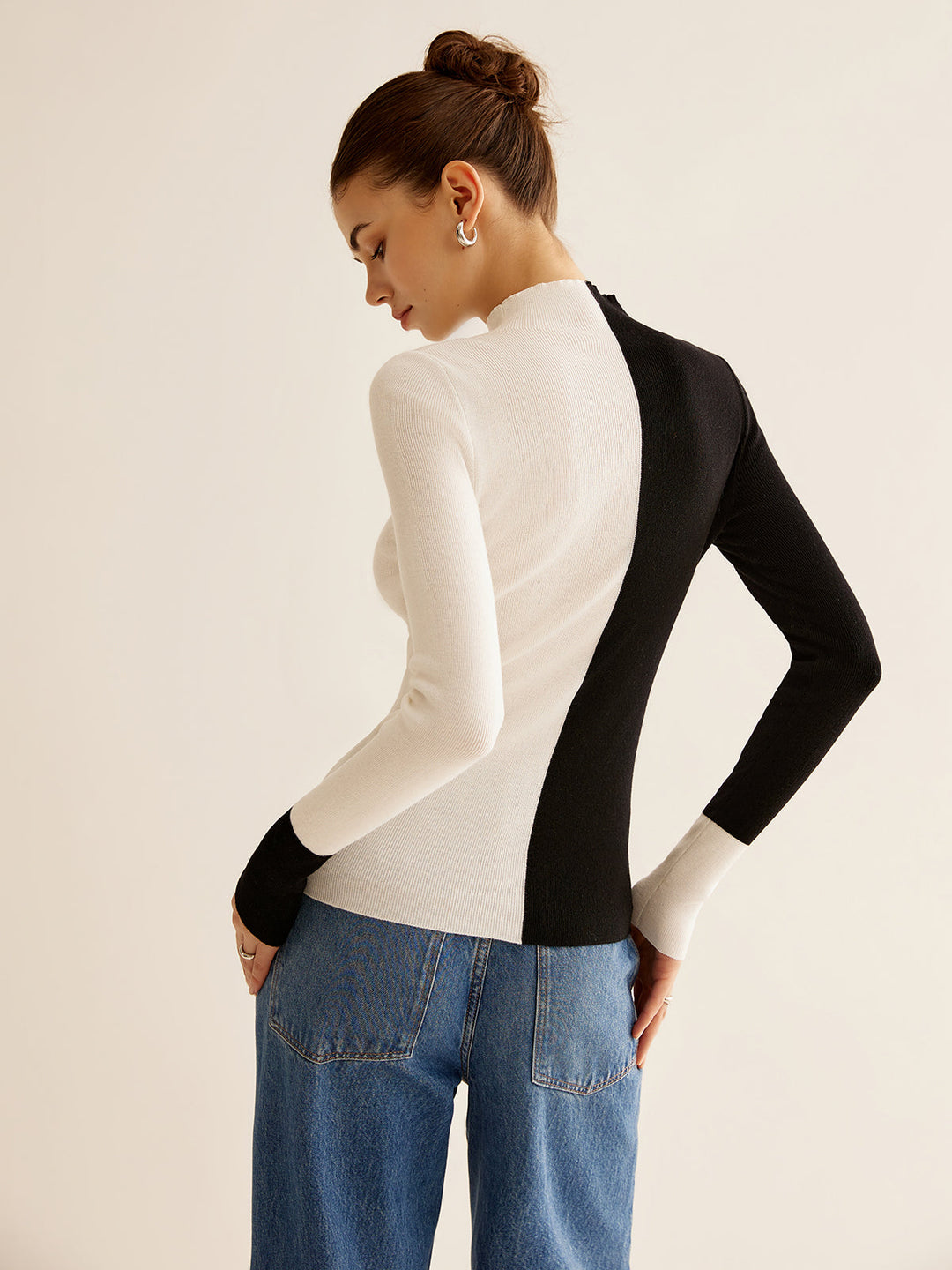 Haut Tricot Ajusté Bicolore en Mélange Laine