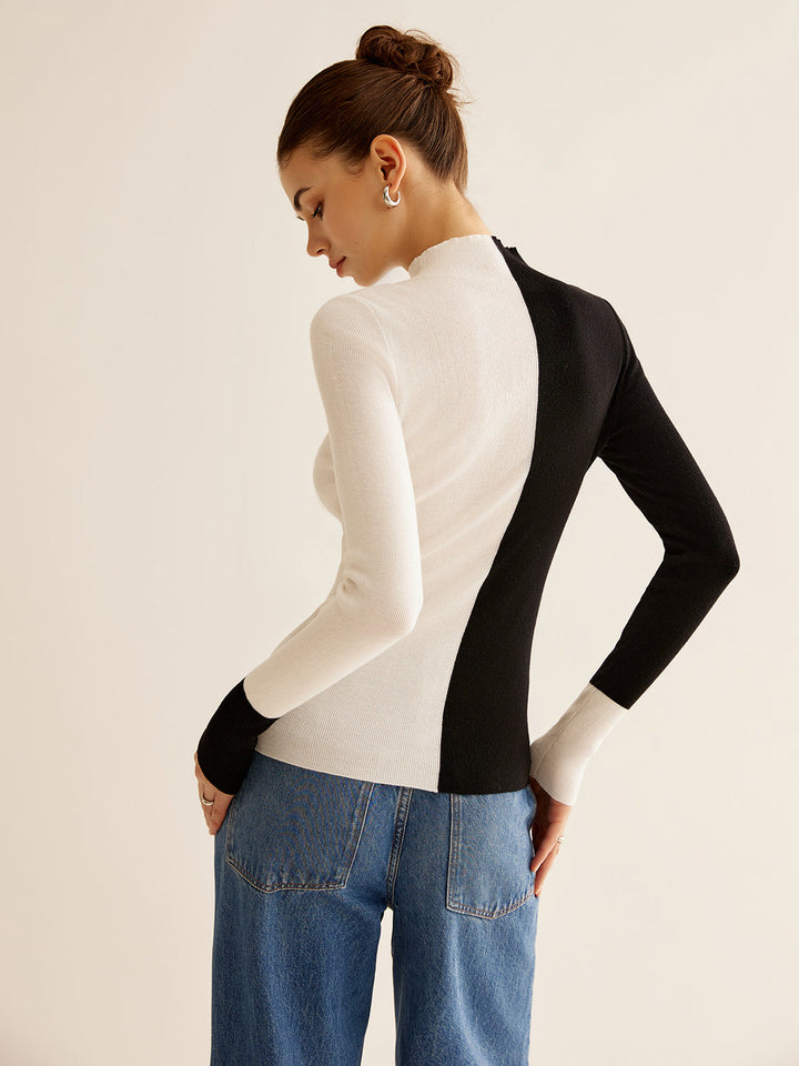 Haut Tricot Ajusté Bicolore en Mélange Laine