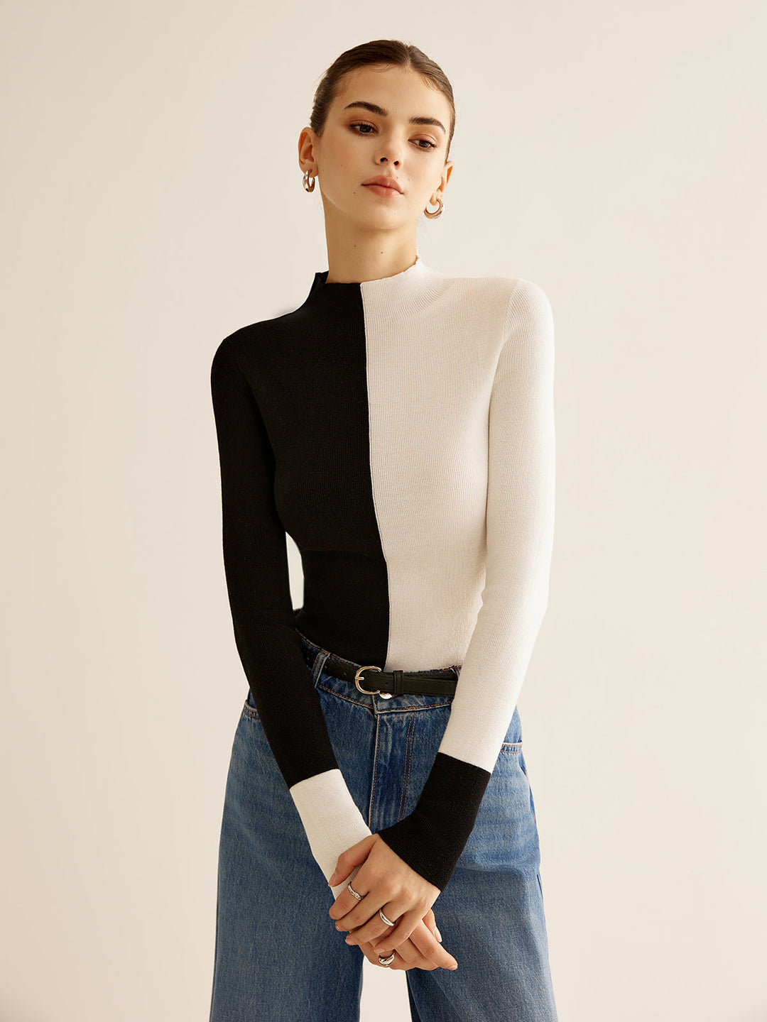 Haut Tricot Ajusté Bicolore en Mélange Laine