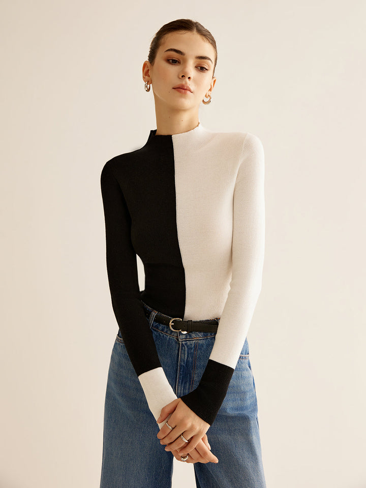 Haut Tricot Ajusté Bicolore en Mélange Laine