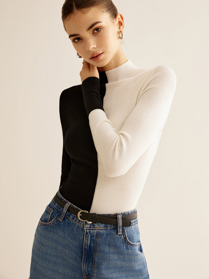 Haut Tricot Ajusté Bicolore en Mélange Laine