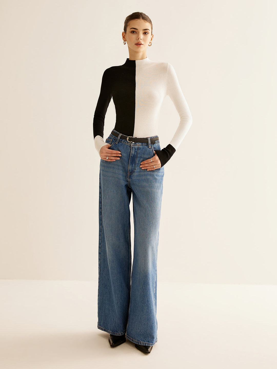 Haut Tricot Ajusté Bicolore en Mélange Laine