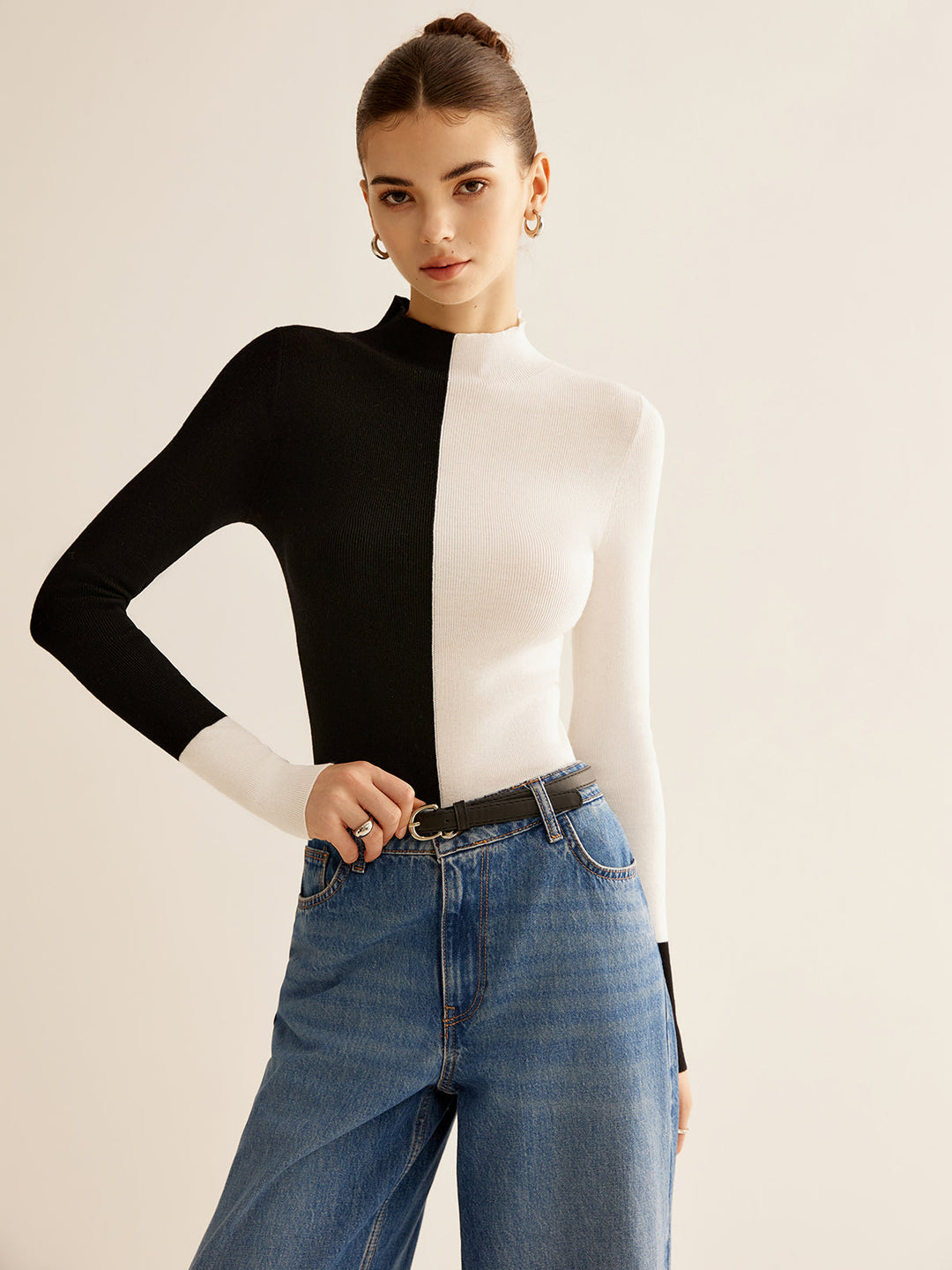 Haut Tricot Ajusté Bicolore en Mélange Laine
