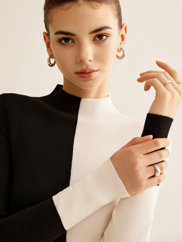 Haut Tricot Ajusté Bicolore en Mélange Laine