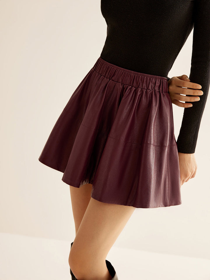 Jupe Patineuse Plissée en Similicuir à Taille Élastique