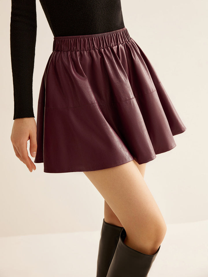 Jupe Patineuse Plissée en Similicuir à Taille Élastique