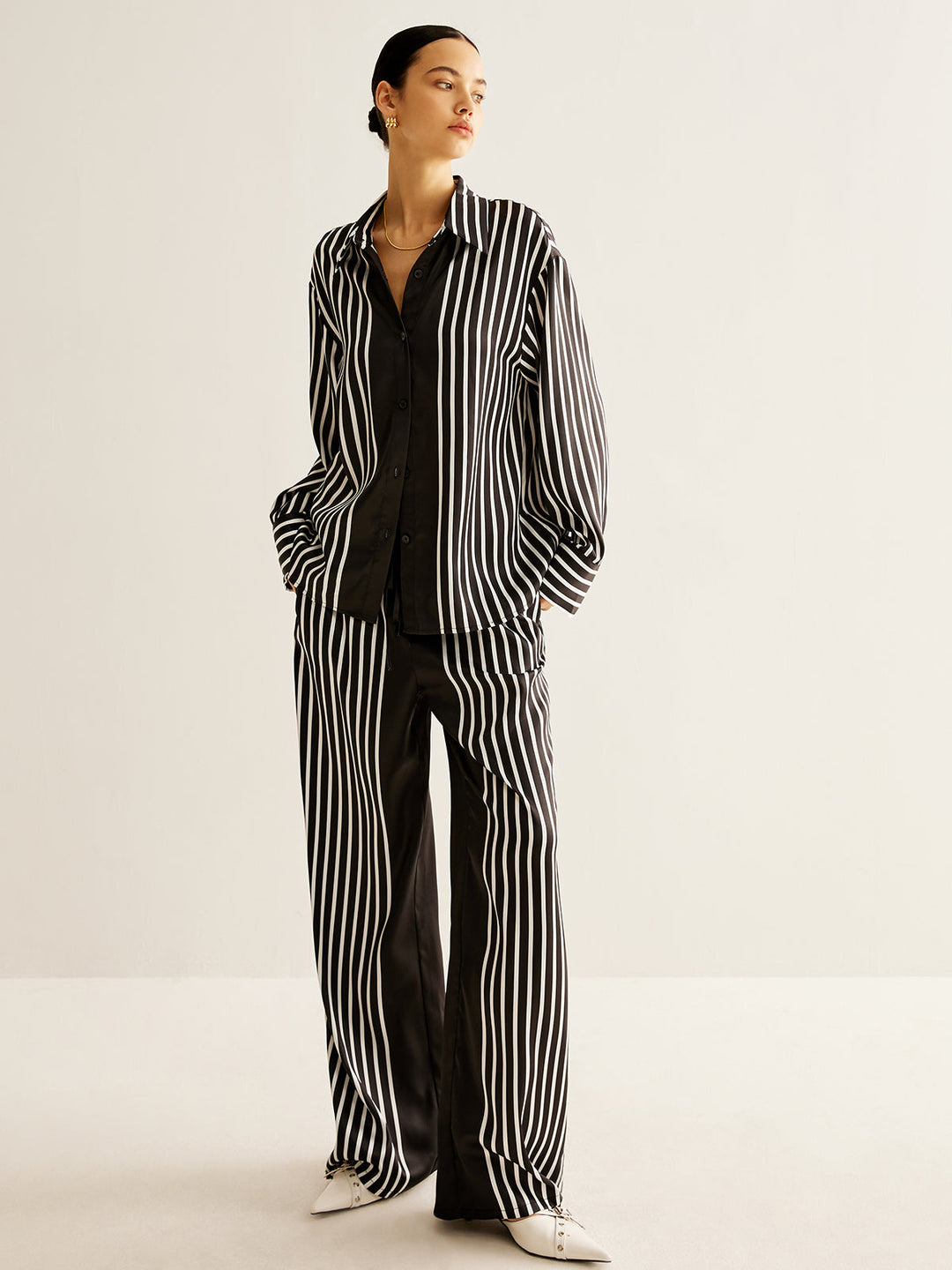 Ensemble Pantalon Taille Haute à Rayures et Col Claudine Color Block