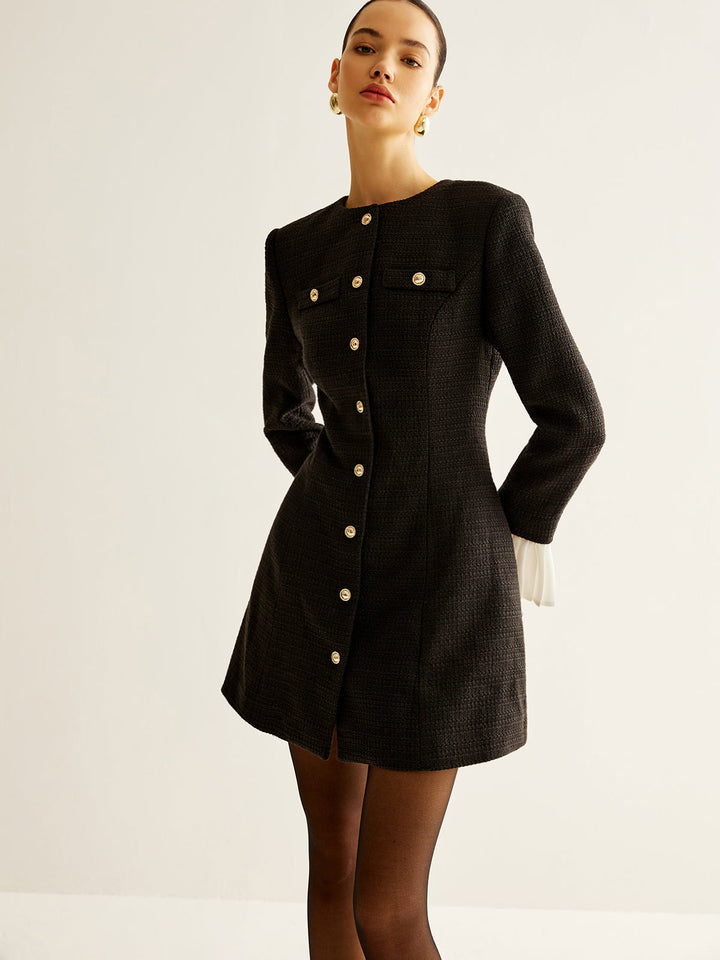 Robe Habillée Tweed à Manches Plissées