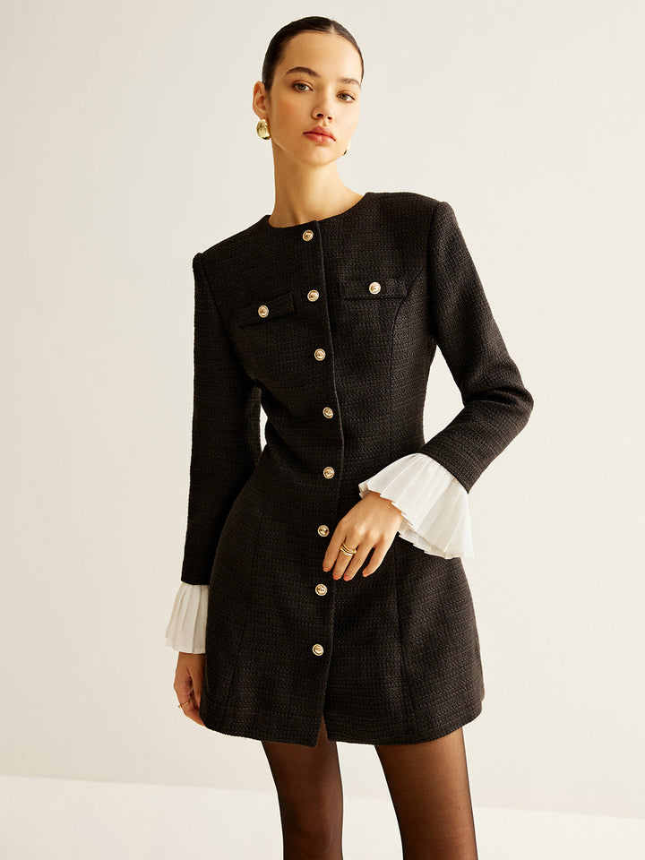 Robe Habillée Tweed à Manches Plissées