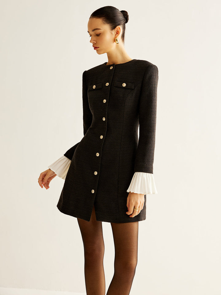 Robe Habillée Tweed à Manches Plissées