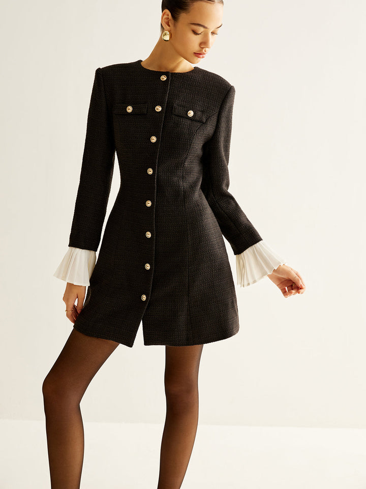 Robe Habillée Tweed à Manches Plissées