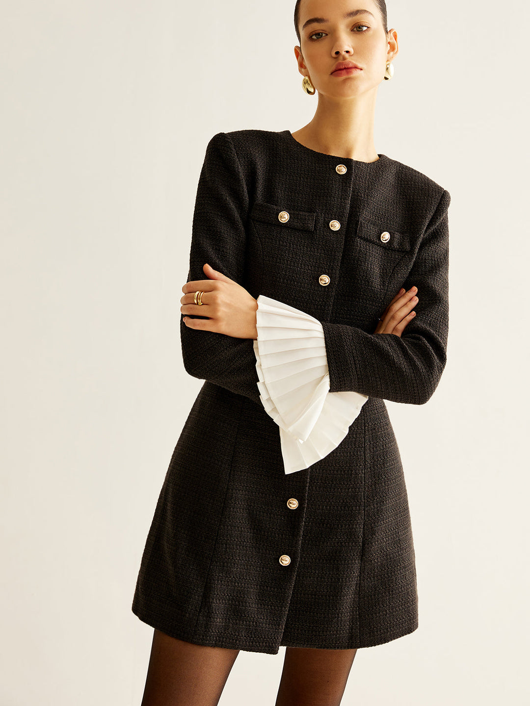 Robe Habillée Tweed à Manches Plissées