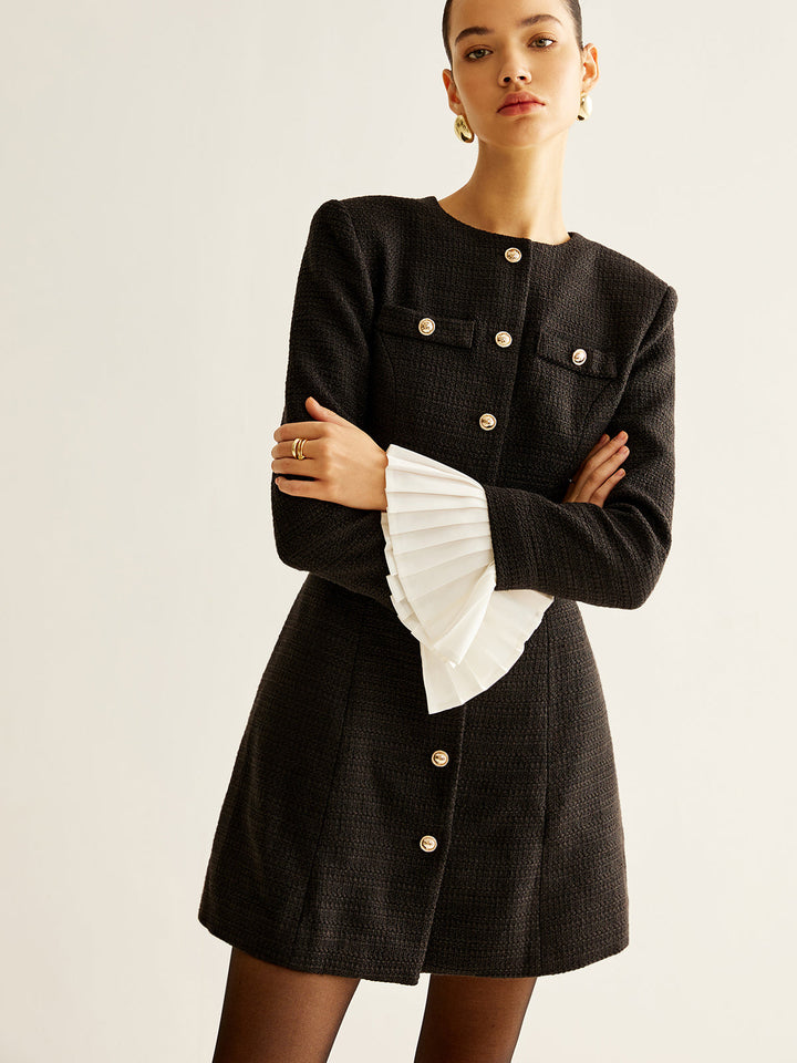 Robe Habillée Tweed à Manches Plissées