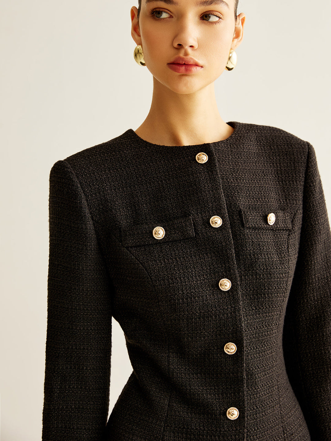 Robe Habillée Tweed à Manches Plissées